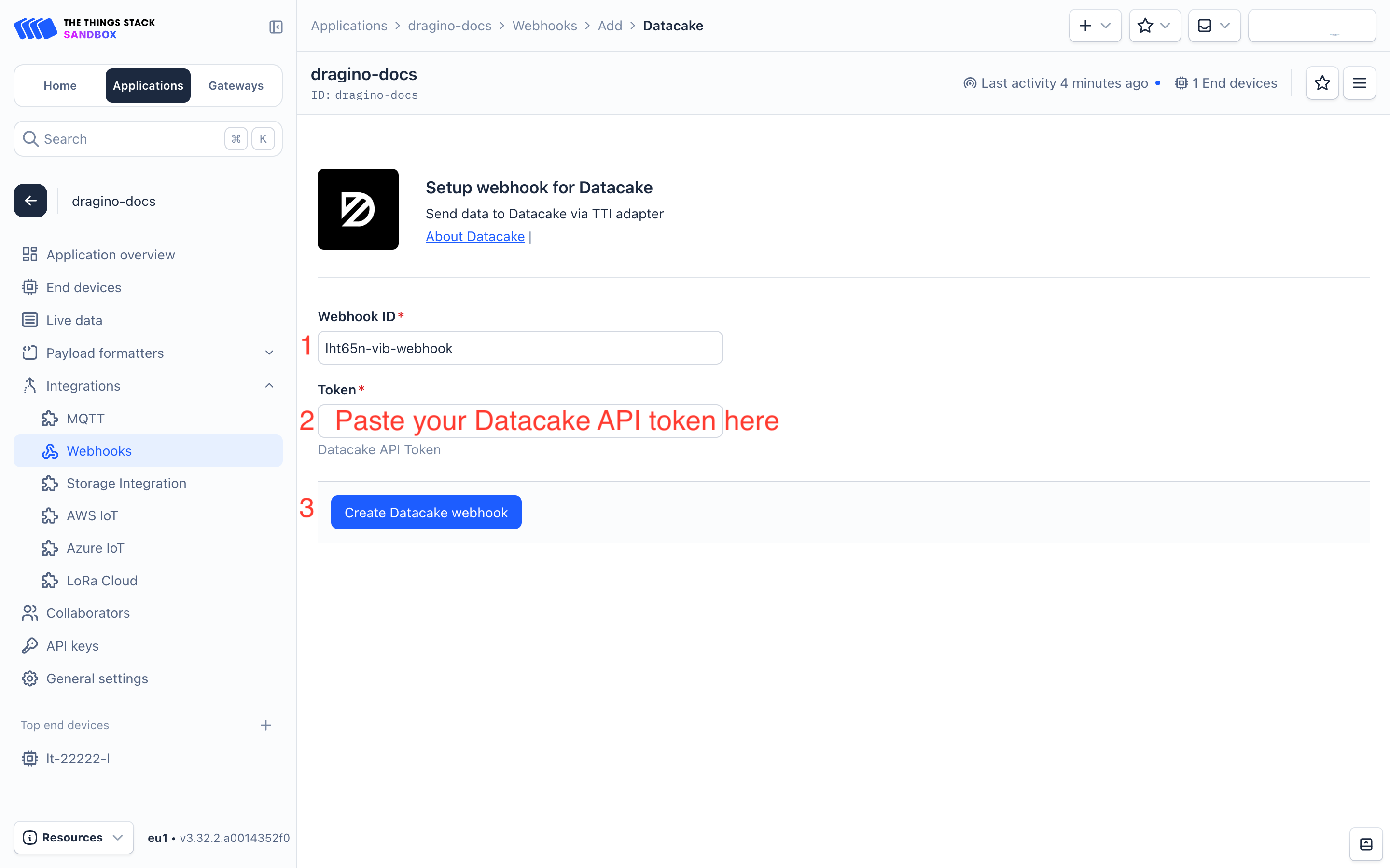 Create Datacake webhook